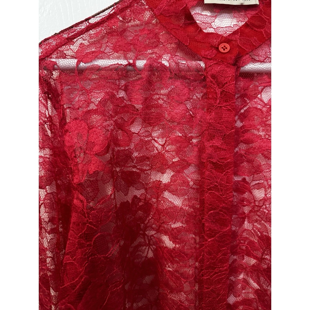 Christopher Kane Womens S Red Floral Lace Sheer Button Front Long Sleeve Blouse - Picture 7 of 10